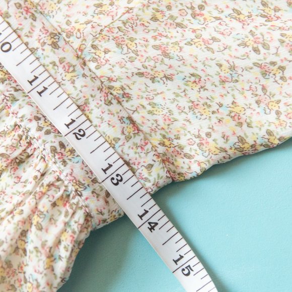 Storia Cream Micro Floral Puff Sleeve V-Neck Ruffle Skirt Mini Dress Size Small - Picture 6 of 9